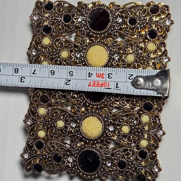 Ornate Filigree 3" Wide Cuff Bracelet Black Cream Cabachons Rhinestone Bollywood - Picture 9 of 10